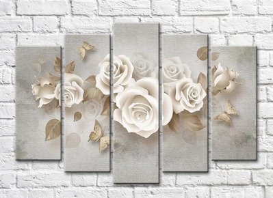 Бежевые розы и бабочки на сером фоне холста 3D5491 фото