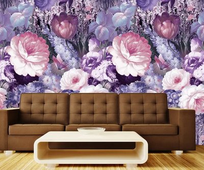 Крупные рисованные маслом цветы и фиолетовые бабочки TSv941 фото