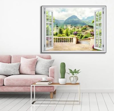 Наклейка на стену, 3D-окно с видом на красивый горный город W141 фото