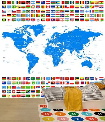 Harta lumii albastre pe fundal alb și steaguri de țară Sov1068 фото