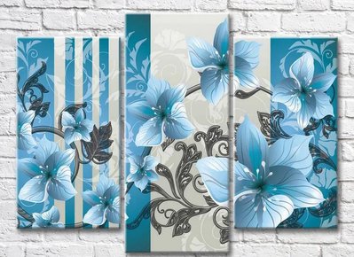 Триптих Голубые цветки на серой ветке из узоров 3D7768 фото