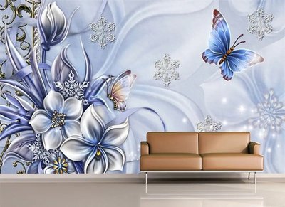 Фотообои Цветы и бабочки на сиреневом фоне со снежинками 3D3618 фото