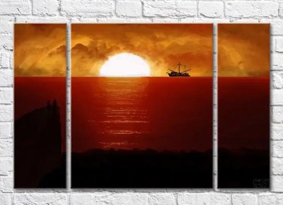Триптих В море корабль на фоне красного заката Mor10118 фото