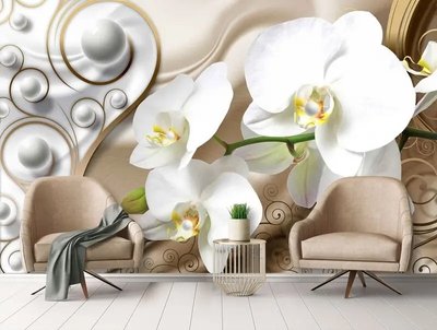 Orhidee mari albe pe un fundal de mătase și bile 3D4018 фото