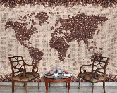 Абстрактная карта мира из кофейных зерен на фоне мешковины Abs1018 фото