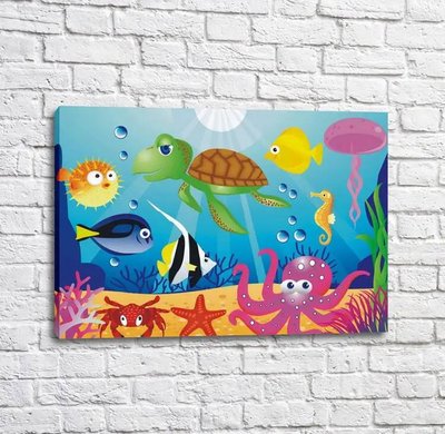Постер Разноцветные обитатели подводного мира на фоне солнца Mul16538 фото