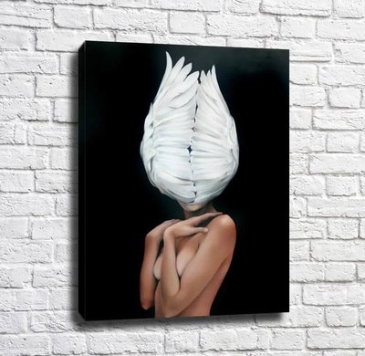 Fată nudă cu aripi albe de pasăre pe un fundal negru Emi14908 фото