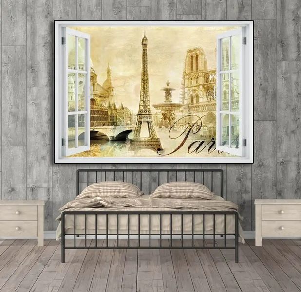 Наклейка на стену, Окно с видом на красоту Парижа W164 фото