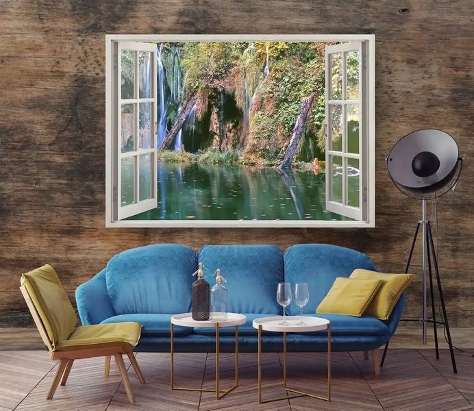 Наклейка на стену, 3D-окно с видом на каскад в лесу W14 фото