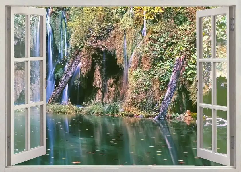 Наклейка на стену, 3D-окно с видом на каскад в лесу W14 фото