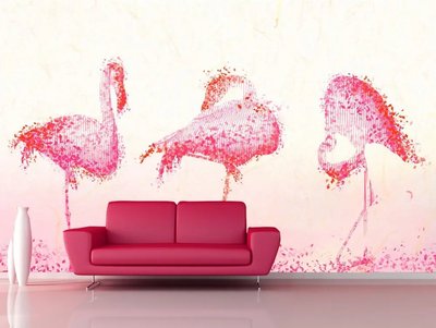 Три розовых абстрактных фламинго на персиковом фоне1 Ris1419 фото