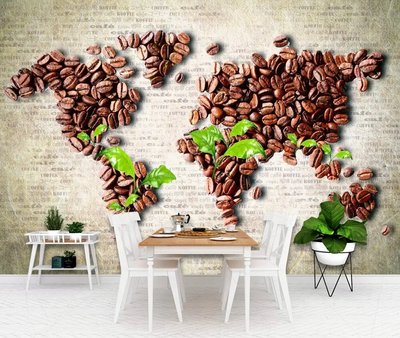Абстрактная карта мира из кофейных зерен и листьев кофе Abs1019 фото