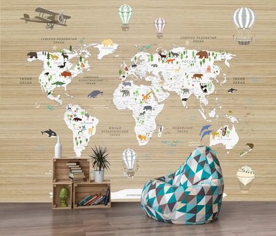 Harta lumii cu animale pe fundal bej din lemn Fot469 фото