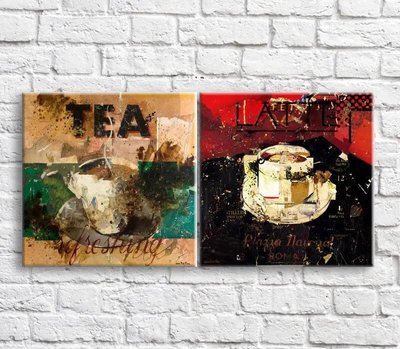 Картина Чашка чая и кофе на фоне текста, абстракция, диптих Eda8719 фото