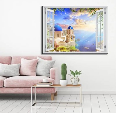 Наклейка на стену, 3D-окно с видом на чудесный пляжный дом W163 фото