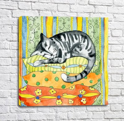 Постер Серый полосатый кот на подушках Kot16994 фото