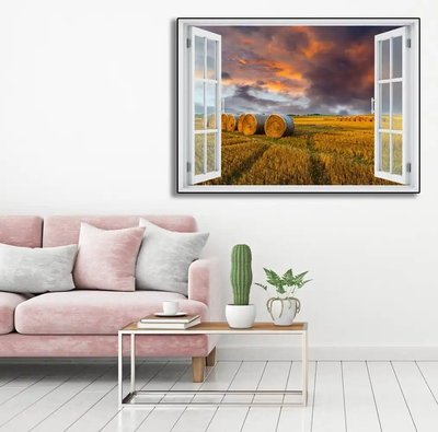 Наклейка на стену, 3D-окно с видом на закат в поле пшеницы W113 фото