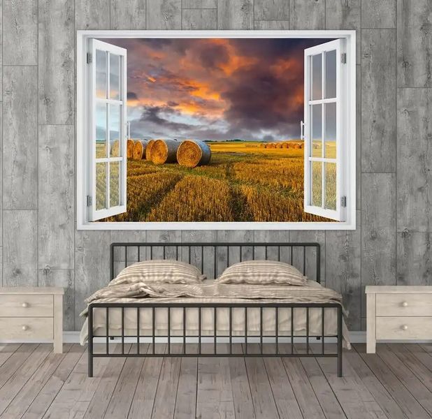 Наклейка на стену, 3D-окно с видом на закат в поле пшеницы W113 фото
