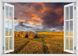 Наклейка на стену, 3D-окно с видом на закат в поле пшеницы W113 фото 3