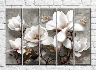 Tufiș de magnolie și fluturi pe fundal gri grunge 3D5470 фото