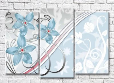 Triptic Flori albastre și modele albe 3D7770 фото