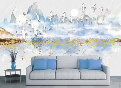 Горный пейзаж и стая птиц на голубом фоне с золотой пудрой Vos370 фото