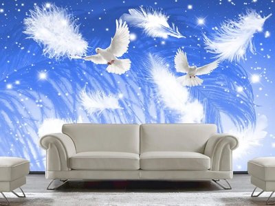 Белые голуби и перья на синем абстрактном фоне Leg1320 фото