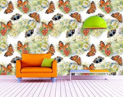 Фотообои Текстура разноцветные бабочки и ромашки Flo1670 фото