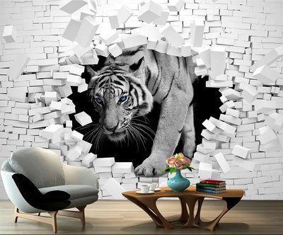 Tigru alb cu ochi albaștri pe fundalul unui zid de cărămidă spart 3D870 фото