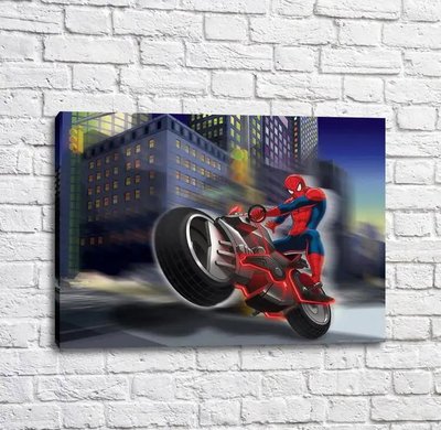 Постер Человек паук на спортивном мотоцикле на фоне зданий Mul16640 фото