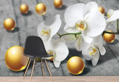 Фотообои Крупные белые орхидеи на фоне серого пола и 3Д шары 3D4021 фото