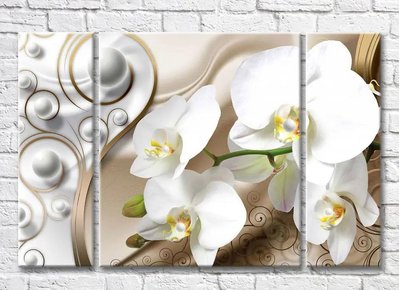 Триптих Ветка белой орхидеи на бежевом фоне с завитками 3D7821 фото