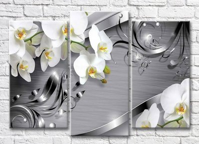 Triptic Orhidee albe și modele de oțel pe un fundal gri 3D7771 фото