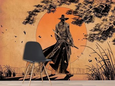 Фотообои Современная цифровая фреска, самурай на фоне солнца Sov2821 фото