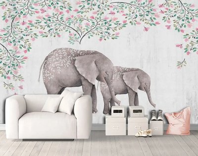 Elefant și pui de elefant pe un fundal alb cu ramuri de magnolie înflorite Ris1421 фото