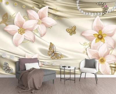 Бледно розовые цветы на фоне шелка и бабочки 3D4521 фото