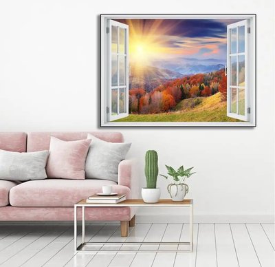 Autocolant de perete, fereastră 3D cu vedere la o pădure colorată din munți W161 фото