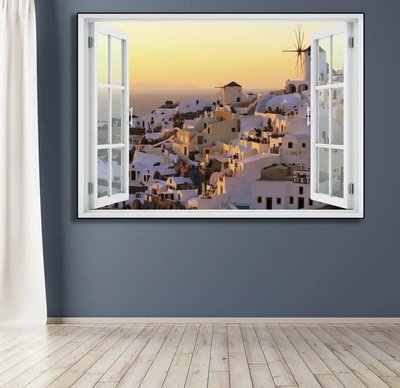 Наклейка на стену, 3D-окно с видом на город с ветряными мельницами W61 фото