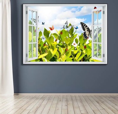Autocolant de perete, fereastra 3D cu vedere la gradina de flori W111 фото