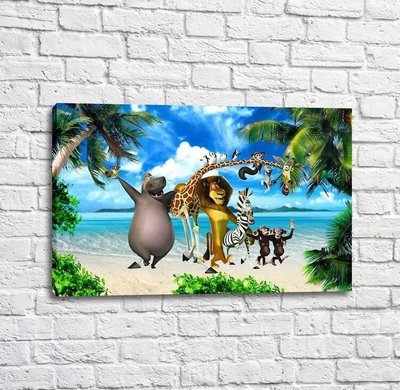 Poster Personaj de desene animate Madagascar pe fundalul mării și palmierii Mul16241 фото