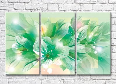 Триптих Лепестки графического цветка на зеленом фоне 3D7822 фото
