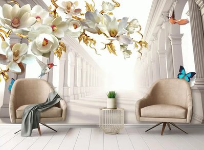 Fototapet Broșă cu flori albe de magnolie pe fundalul perspectivei dintre coloane 3D4722 фото