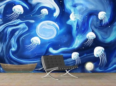 Синяя абстракция с белыми медузами и лодкой Ris1422 фото