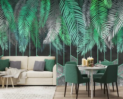Зеленые пальмовые ветви на темном фоне с геометрическими узорами TSv322 фото