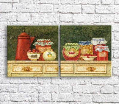 Картина Красный чайник и банки с вареньем на зеленом фоне, диптих Eda10122 фото