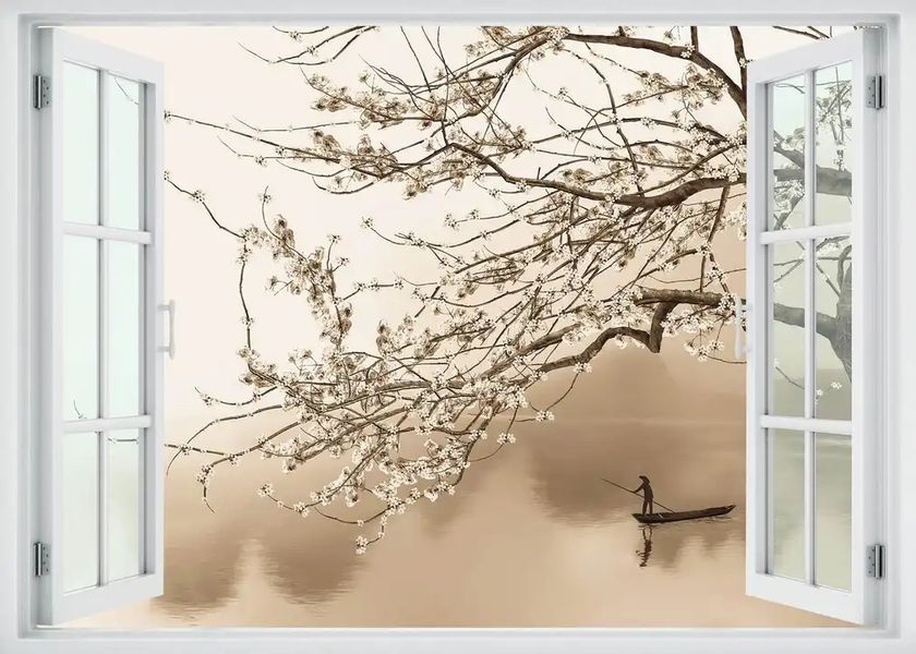 Наклейка на стену, Окно с видом на туманное озеро W110 фото