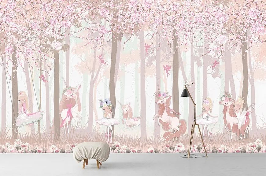 Маленькие принцессы с единорогами в розовом лесу Det22 фото
