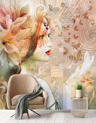Девушка с цветами и бабочками на абстрактном фоне TSv323 фото