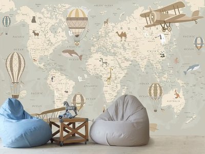 Карта мира в пастельных тонах с животными и воздушными шарами Fot723 фото