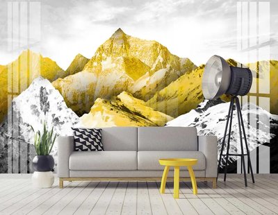 Lanț de munți în nuanțe de galben și alb pe un fundal gri Vos373 фото